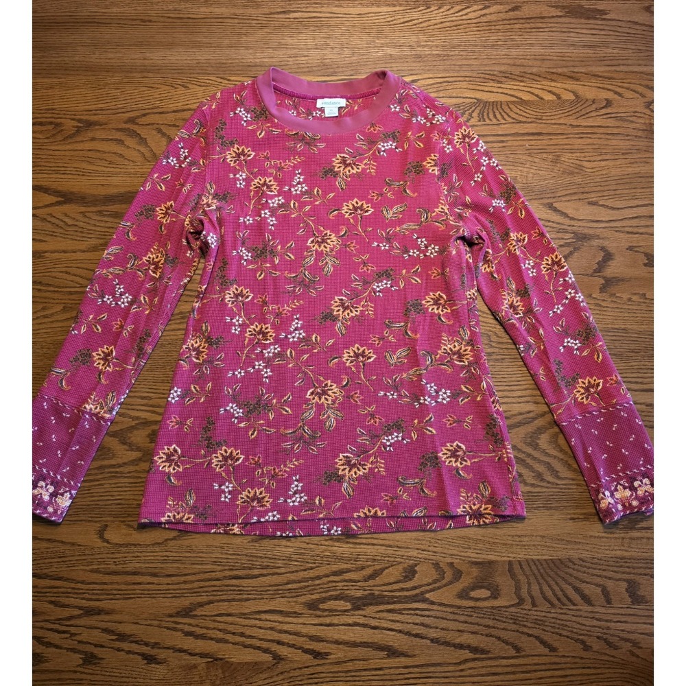 Sundance Loretta Thermal Tee Womens XS Waffle Knit Top Floral Velvet Cuff Pink - Picture 2 of 6